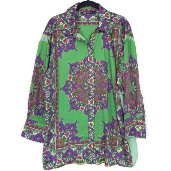 ZARA Green Floral Printed Long Button Shirt Blouse MEDIUM 8745/279 Slit Paisley - Picture 8 of 14